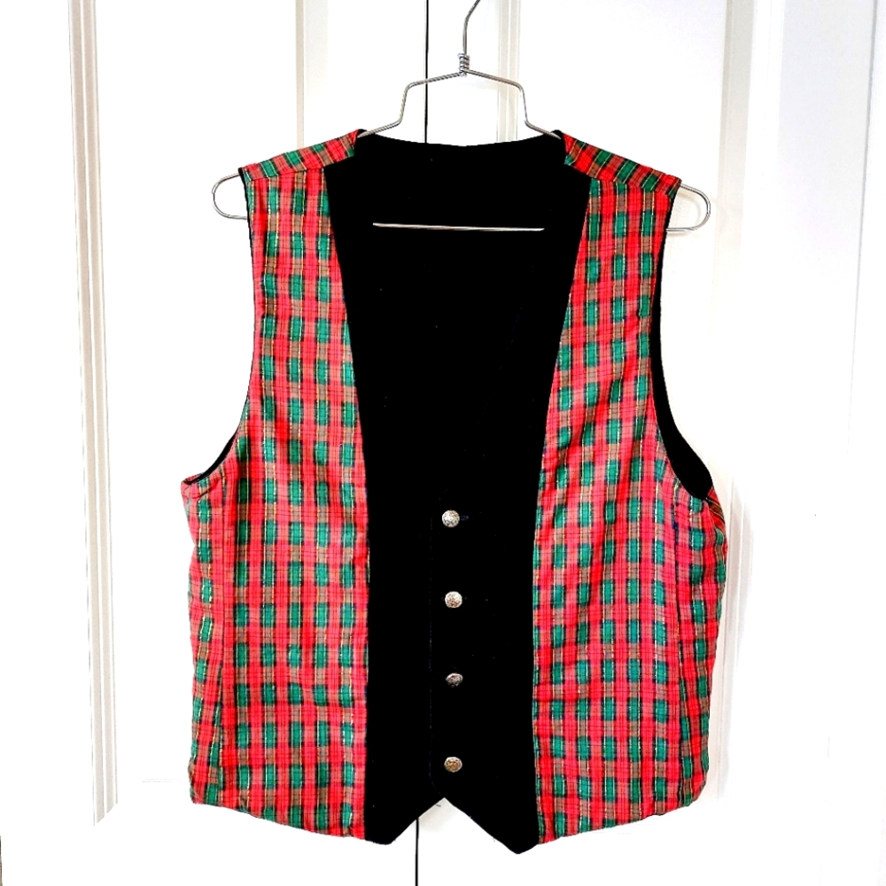 Mrs Claus‎ Reversible Vest Christmas Plaid and Quilted Black Velvet approx med